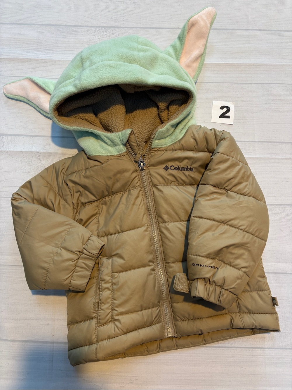 Columbia Kids Khaki Puffer Jacket with Mint Green Hood and Pink Ear Accents